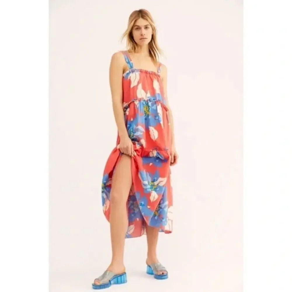 FREE PEOPLE Moonshine Midi Dress Linen Blend Floral Tropical Size Small Red Blue - Picture 8 of 8